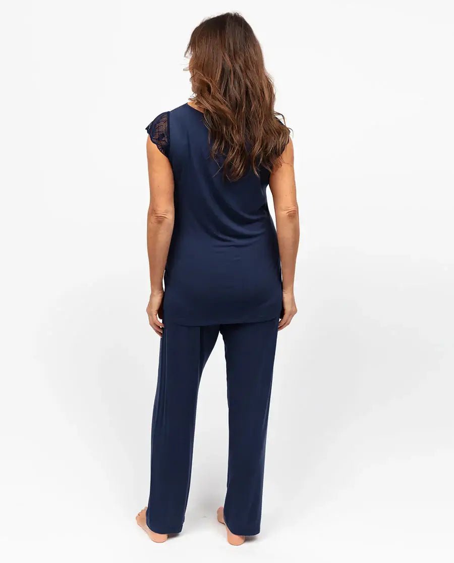 women's navy top and jogger pajama set with lace detail nora rose by cyberjammies