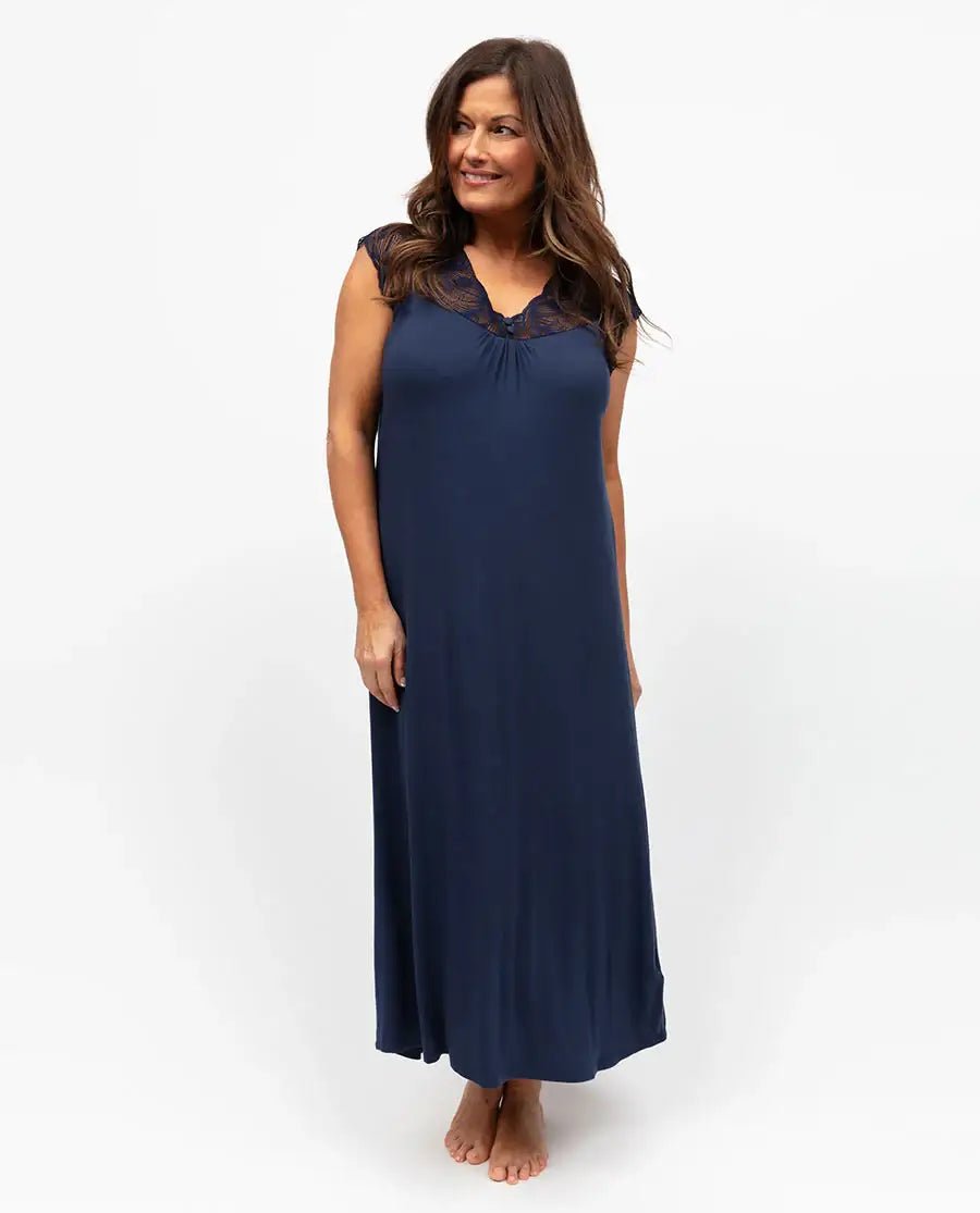women's long navy nightdress nightgown with lace detail nora rose by cyberjammies