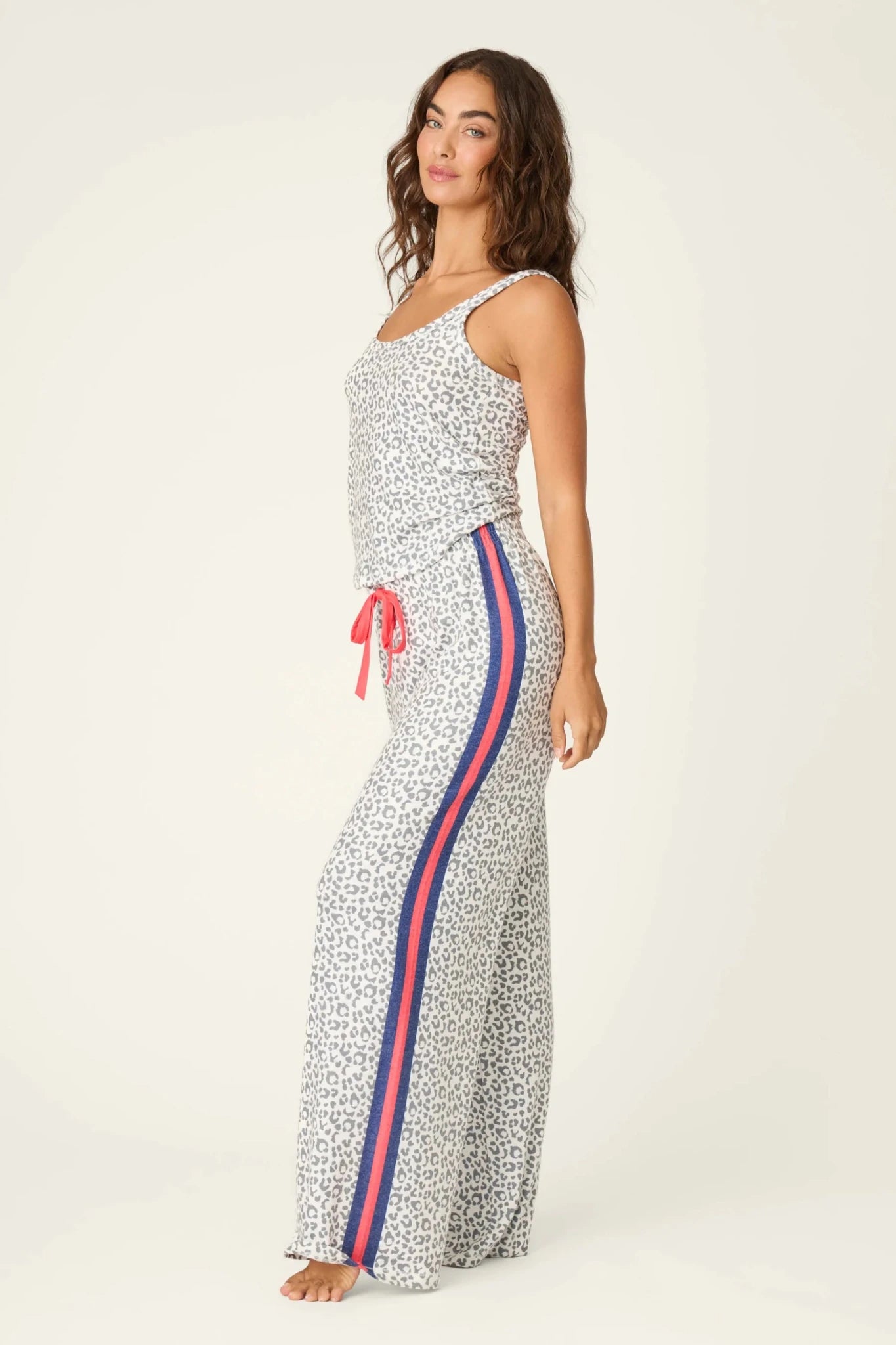 Cat’s Meow Big Stretch Long PJ Set - PJ Salvage - Tank and Straight leg Pant Leopard Print with red racing stripe