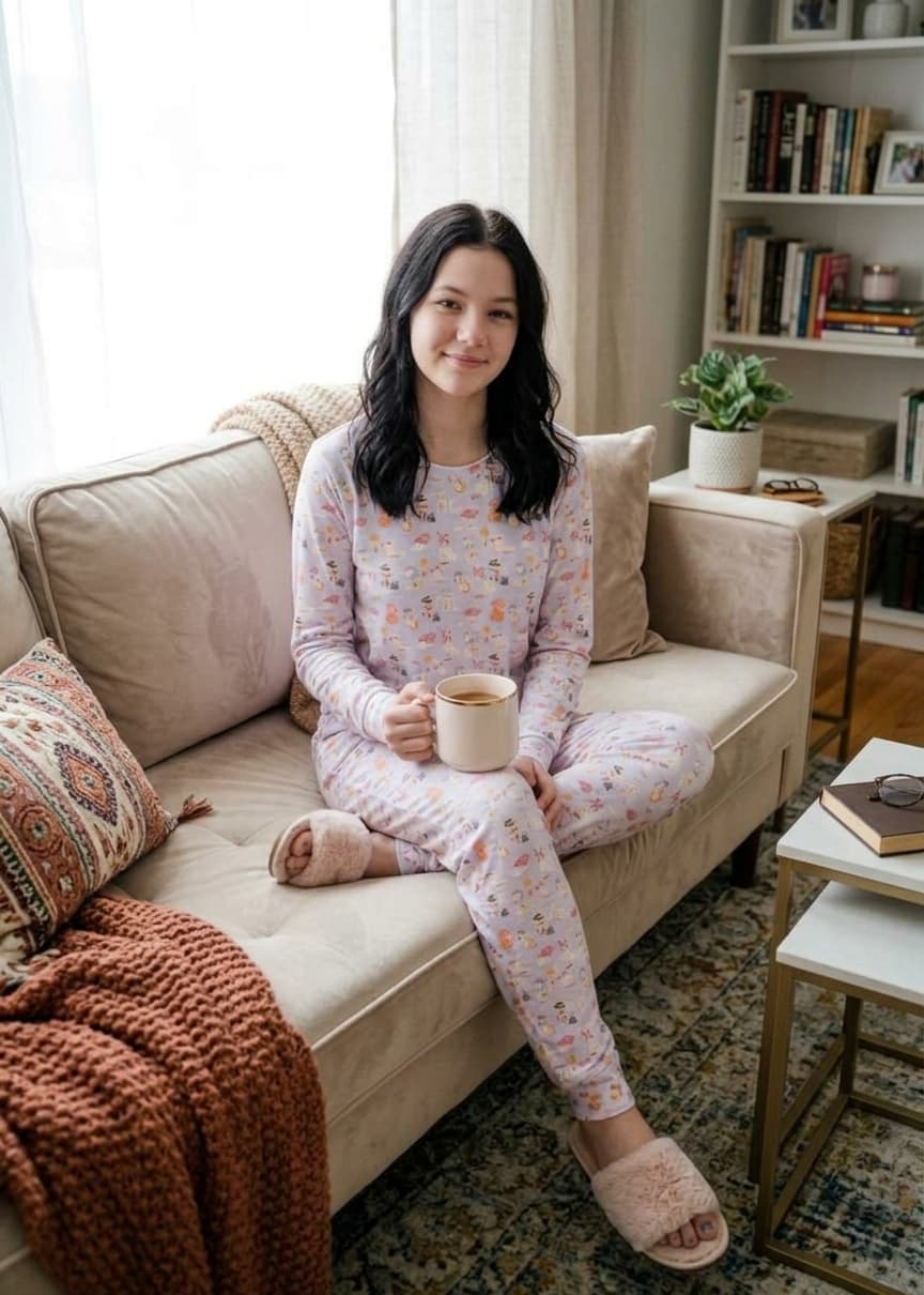Miranda Nic Catwalk Kitties Purple Velour PJ Set teen lifestyle front view — Cloud Nine Pajamas Edmonton