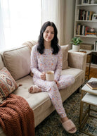 Miranda Nic Catwalk Kitties Purple Velour PJ Set teen lifestyle front view — Cloud Nine Pajamas Edmonton