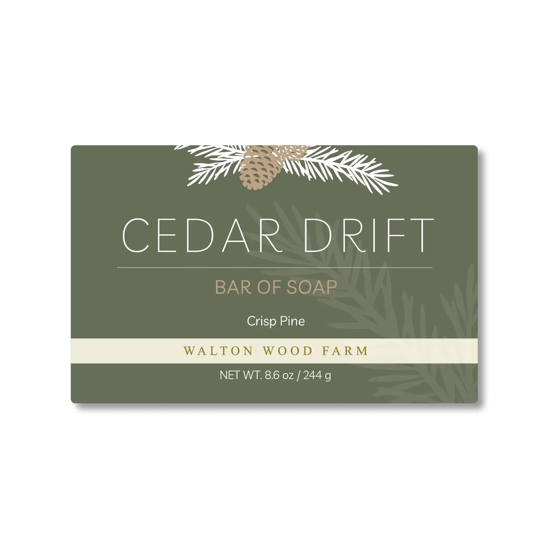 Cedar Drift Bar Soap Bar of soap with 'Cedar Drift' branding on a green background by walton wood farm, pine scent