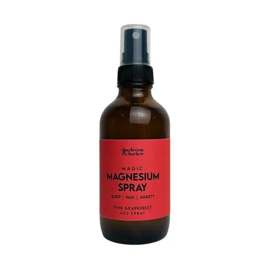 Charleston & Harlow Pink Grapefruit MAGIC Magnesium Spray (4oz.) pink grapefruit scented magnesium spray for sleep, pain and anxiety in a brown glass bottle