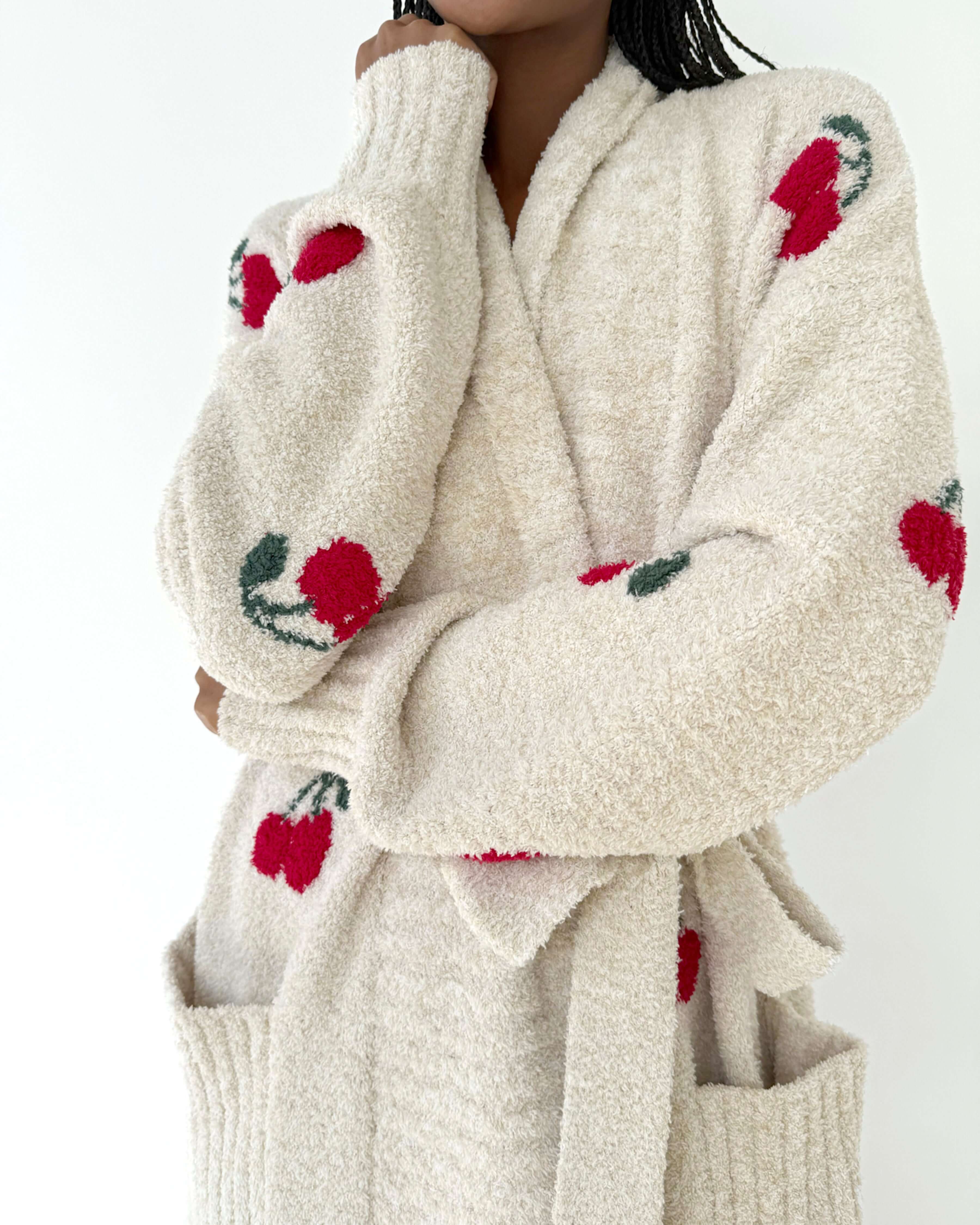 Model wearing the Pomona Fuzzy Yarn Robe Splendid, ultra-soft cozy loungewear with Cherry patterns.