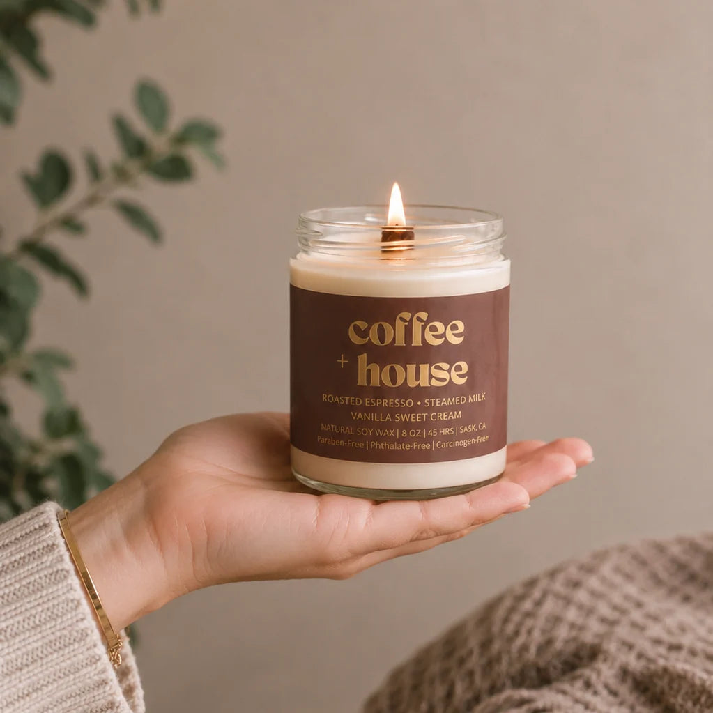 Prairie Creek Candle Coffee House soy candle wooden wick close-up — Cloud Nine Pajamas