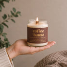 Prairie Creek Candle Coffee House soy candle wooden wick close-up — Cloud Nine Pajamas