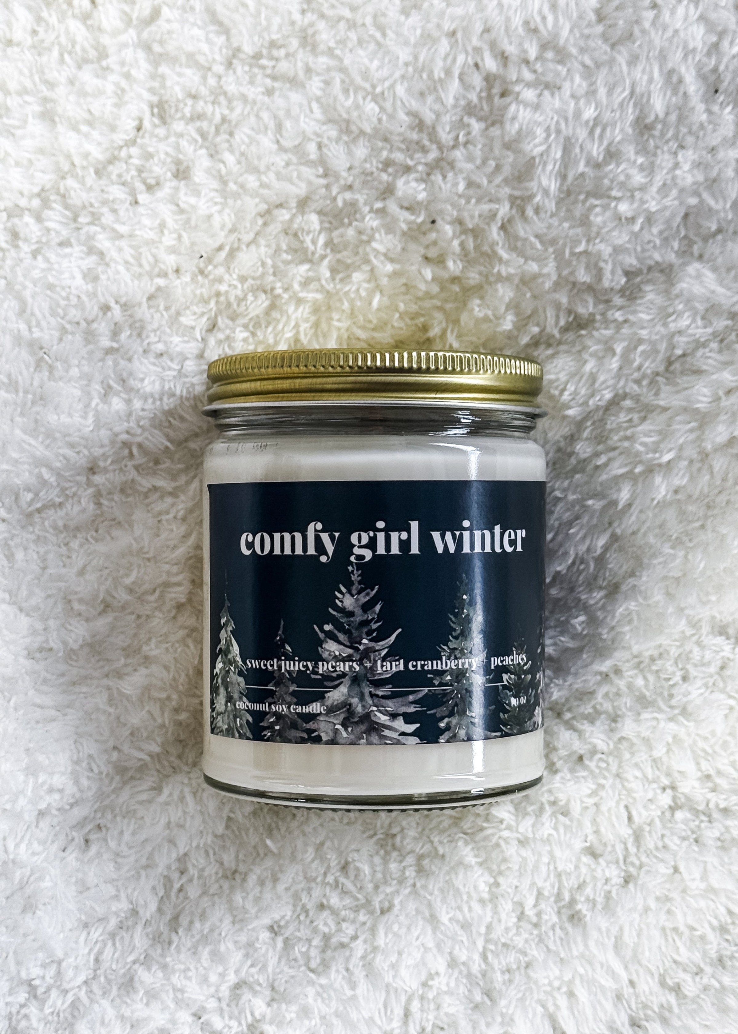 coconut soy wax candle in comfy girl winter scent - pear, cranberry, peach