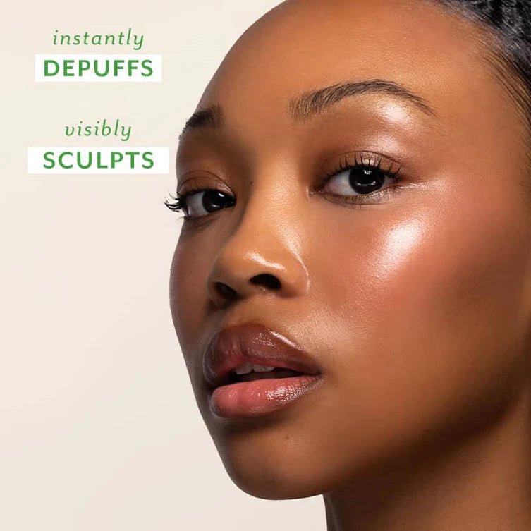 Close-up of a woman's face with text indicating product benefits on a beige background, Patchology Cool Crush cryo-inspired hydrogel face mask depuffing