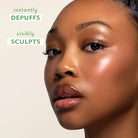Close-up of a woman's face with text indicating product benefits on a beige background, Patchology Cool Crush cryo-inspired hydrogel face mask depuffing