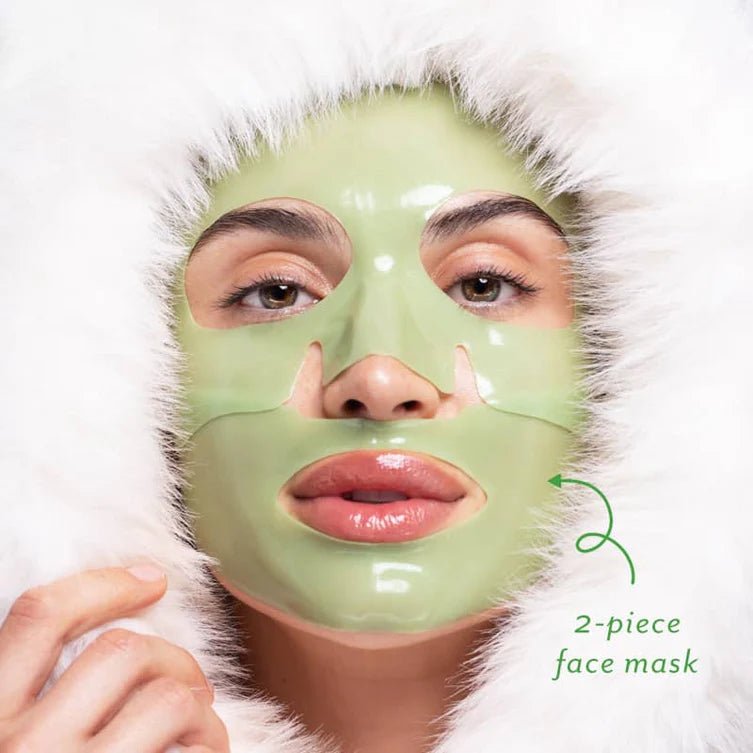 Person wearing a green face mask with a white fur-lined hood on a light background, Patchology Cool Crush cryo-inspired hydrogel face mask depuffing
