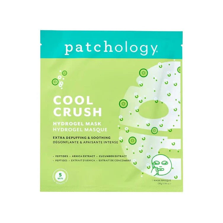 Patchology Cool Crush hydrogel mask packaging on a white background, Patchology Cool Crush cryo-inspired hydrogel face mask depuffing
