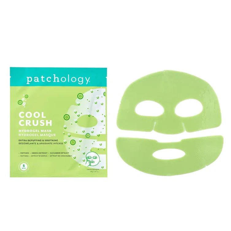 Patchology Cool Crush hydrogel mask packaging and mask on a white background, Patchology Cool Crush cryo-inspired hydrogel face mask depuffing