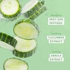 Cucumber slices with text highlighting ingredients on a green background, Patchology Cool Crush cryo-inspired hydrogel face mask depuffing
