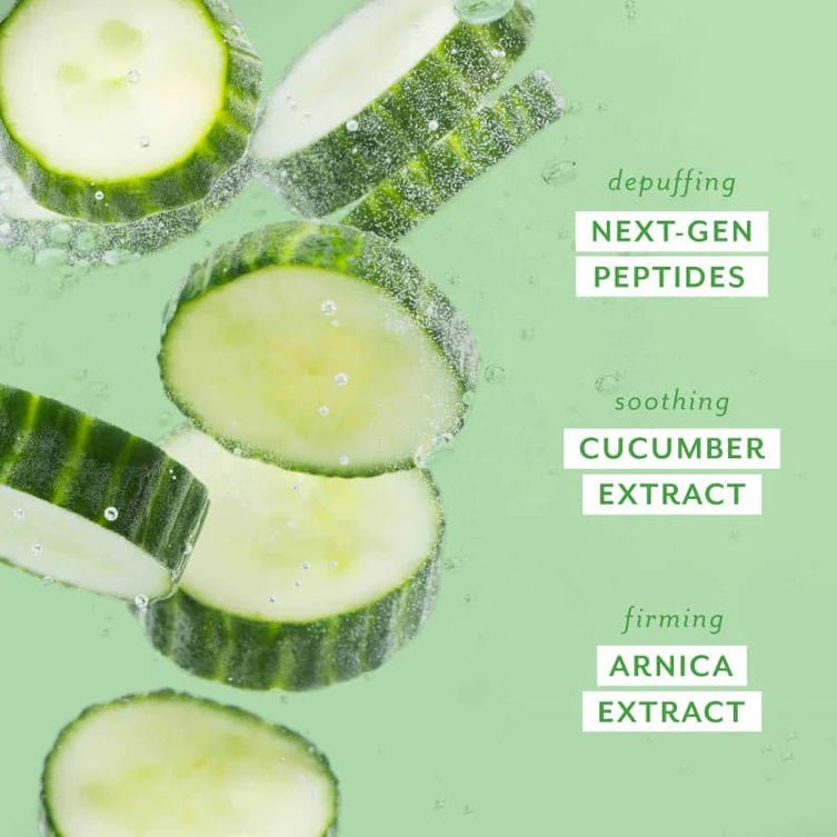 Cucumber slices with text highlighting ingredients on a green background, Patchology Cool Crush cryo-inspired hydrogel face mask depuffing