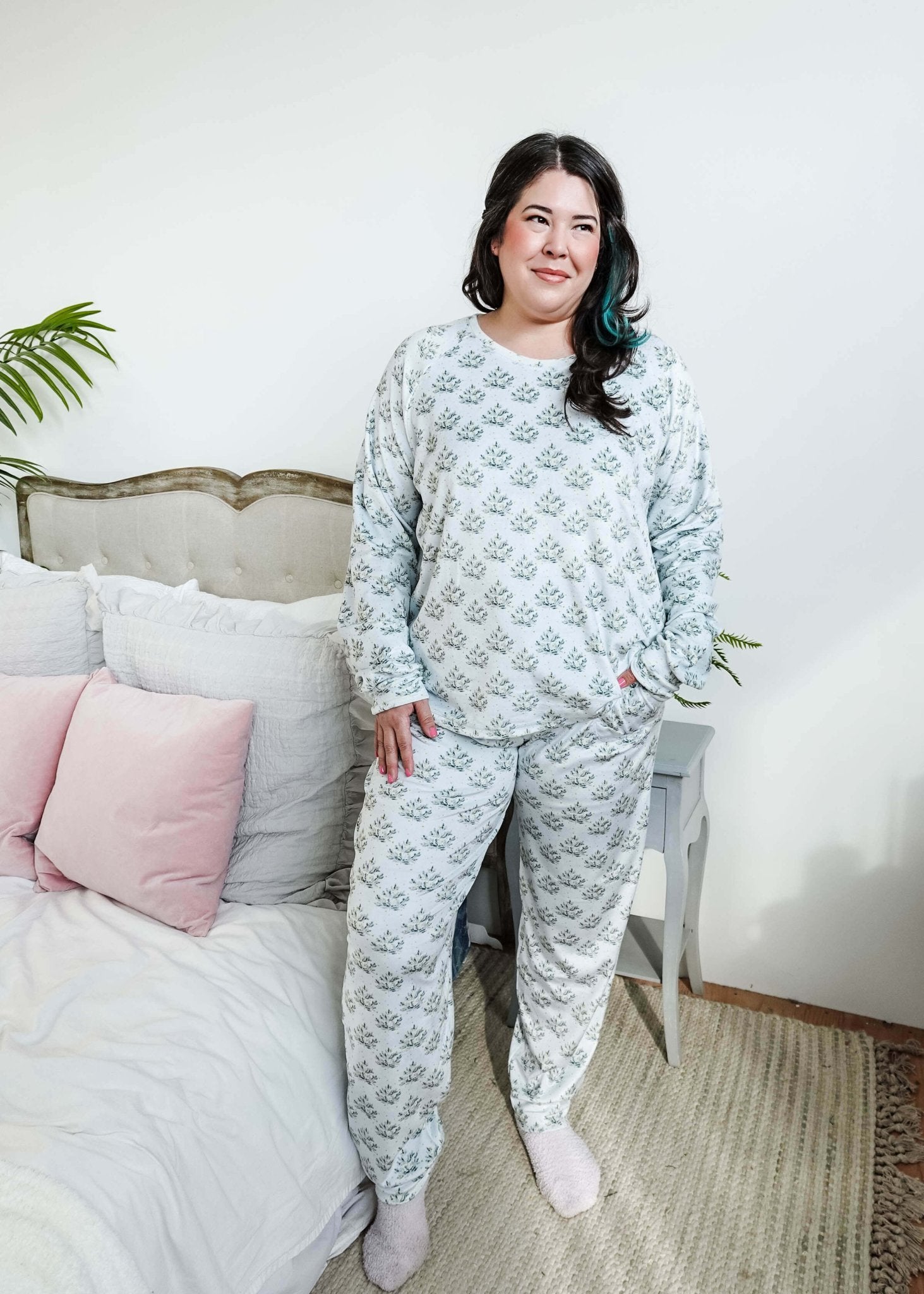 Cozy Pine Long Sleeve Jogger Velour Lounge Set modeled by a woman with long dark hair, showcasing soft fabric and comfort.