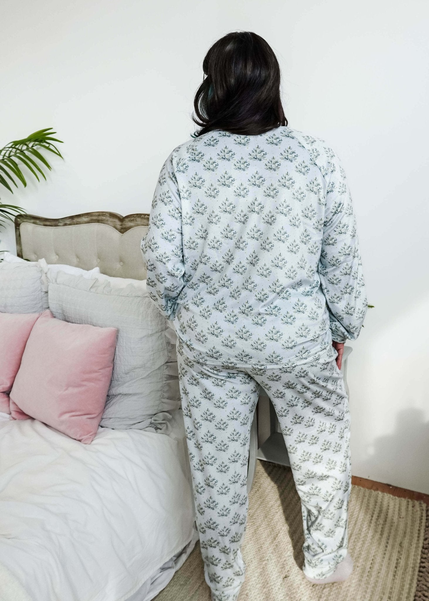  Cozy Pine Long Sleeve Jogger Velour Lounge Set modeled by a woman with long dark hair, showcasing soft fabric and comfort.