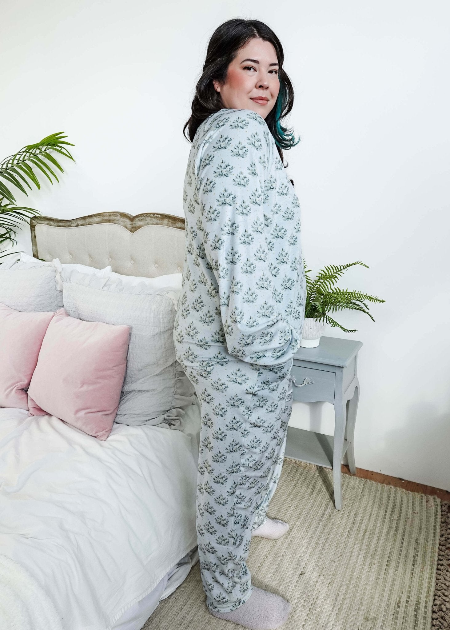  Cozy Pine Long Sleeve Jogger Velour Lounge Set modeled by a woman with long dark hair, showcasing soft fabric and comfort.