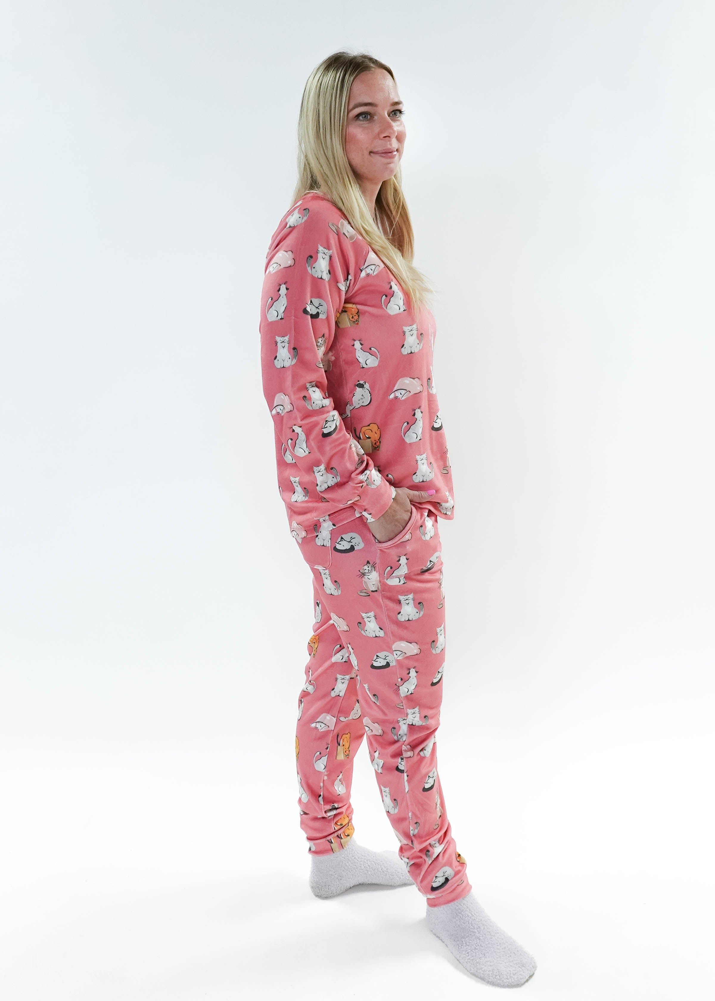 women's pink cat print pj velour set jogger and top MIRANDA NIC