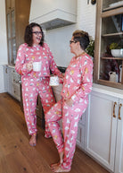 pink cat print velour soft pajama set for women teens and adults