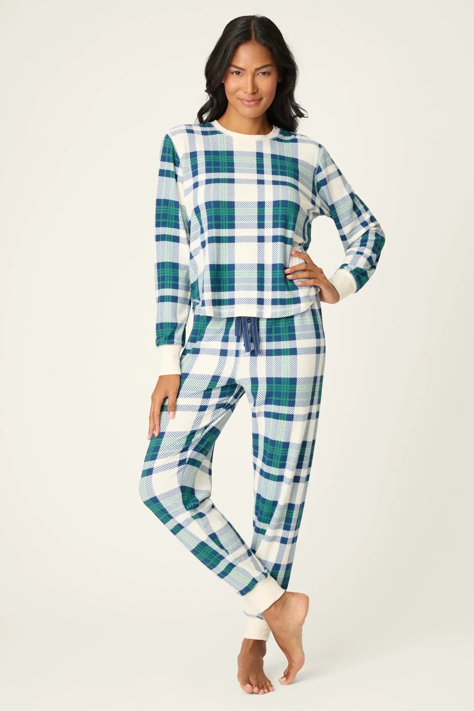 women's green and white plaid velour pj set from pj salvage