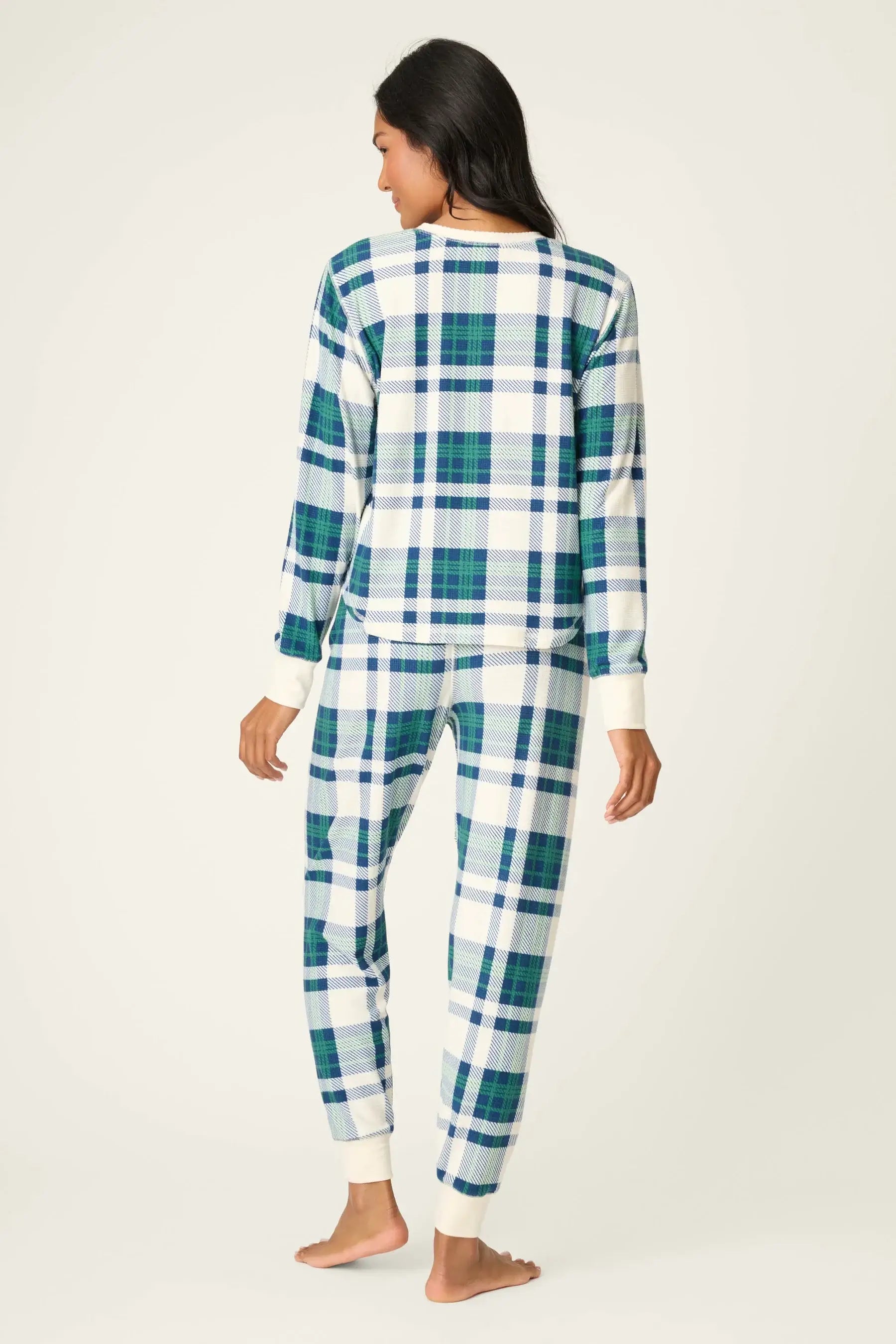 Cozy Life Thermal Velour Plaid PJ Set back view on model, featuring classic green plaid pattern and comfortable fit.
