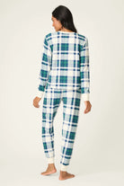 Cozy Life Thermal Velour Plaid PJ Set back view on model, featuring classic green plaid pattern and comfortable fit.