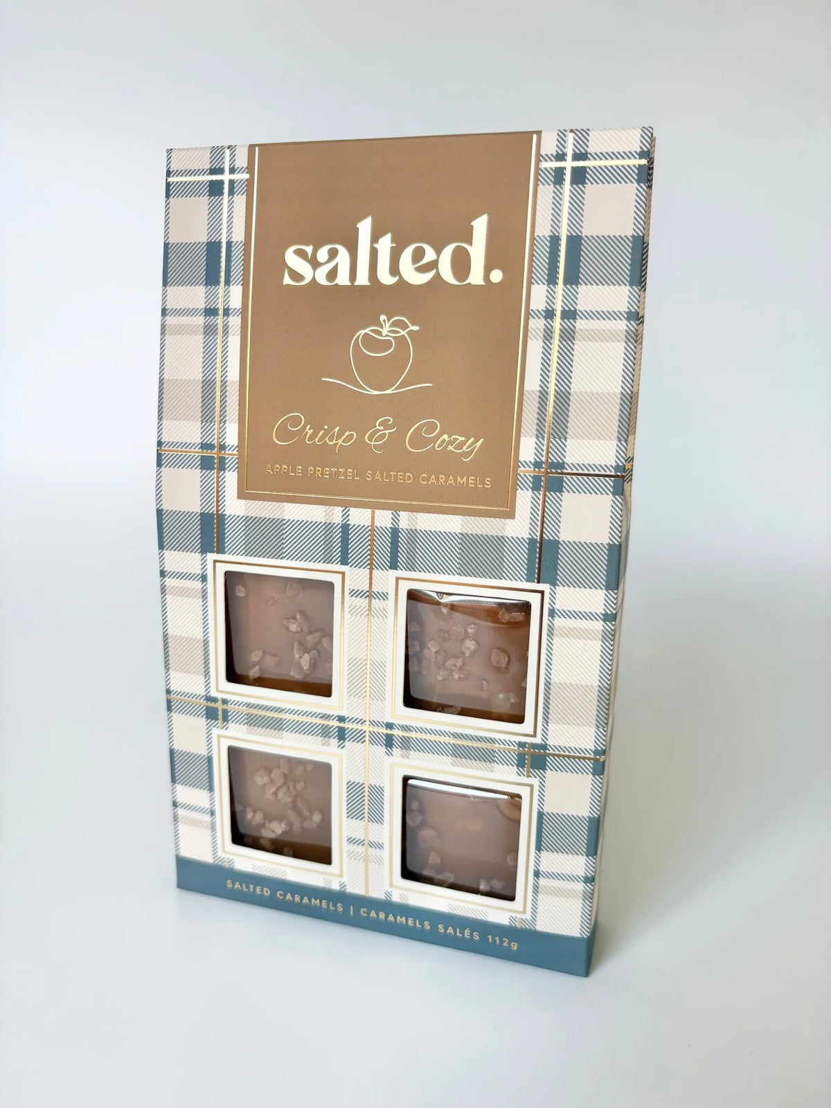 Salted Crisp and Cozy 4-piece caramel box plaid and gold foil packaging — Cloud Nine Pajamas Edmonton