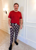 black, white and red plaid print with deer head outline - unisex joggers for women, men from teen to adult in soft bamboo. 
