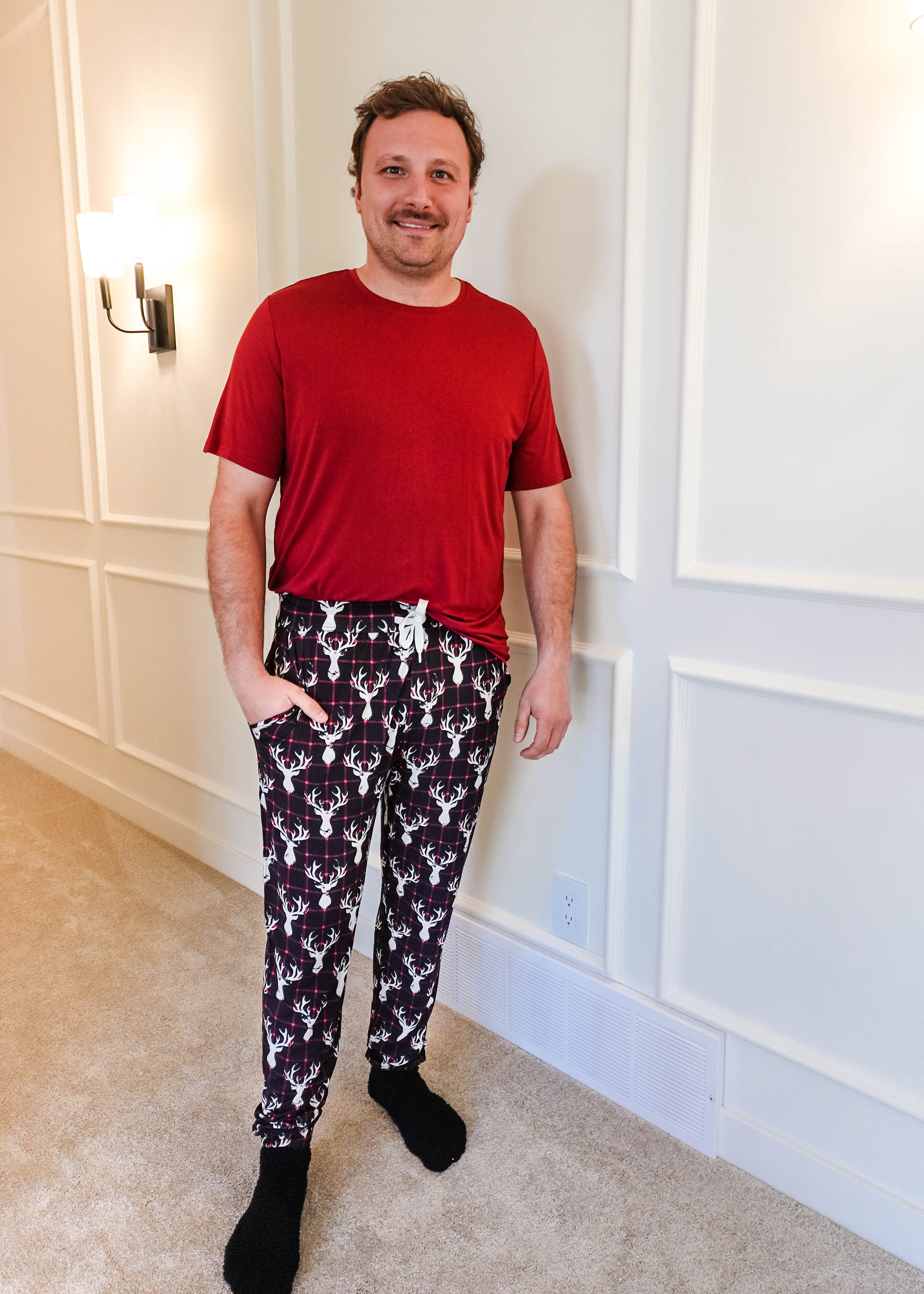 black, white and red plaid print with deer head outline - unisex joggers for women, men from teen to adult in soft bamboo. 