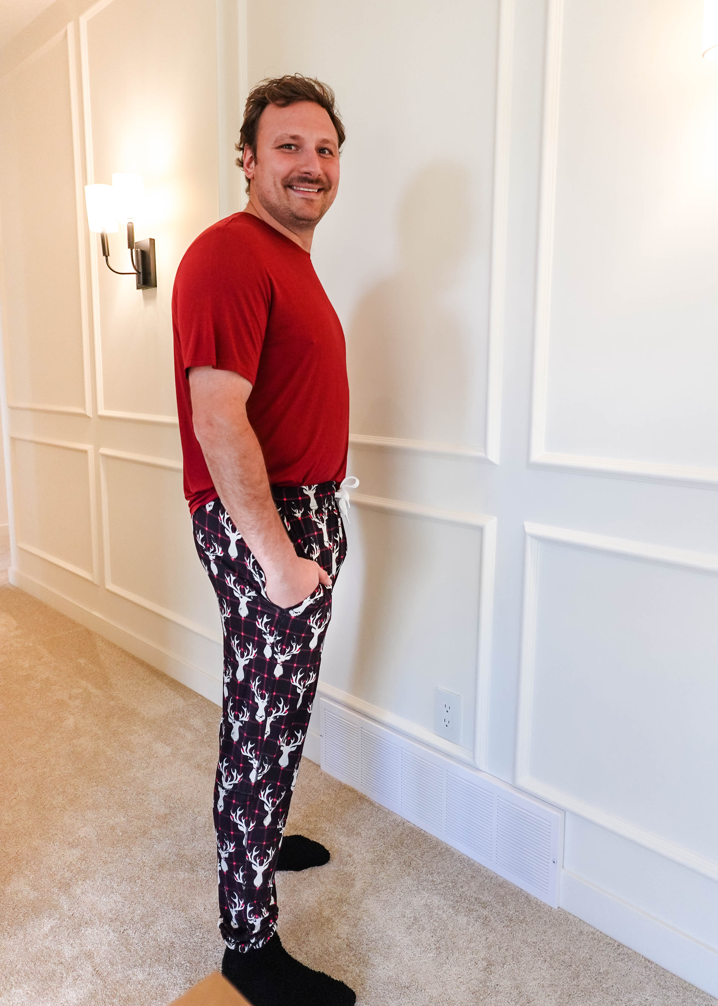 black, white and red plaid print with deer head outline - unisex joggers for women, men from teen to adult in soft bamboo. 