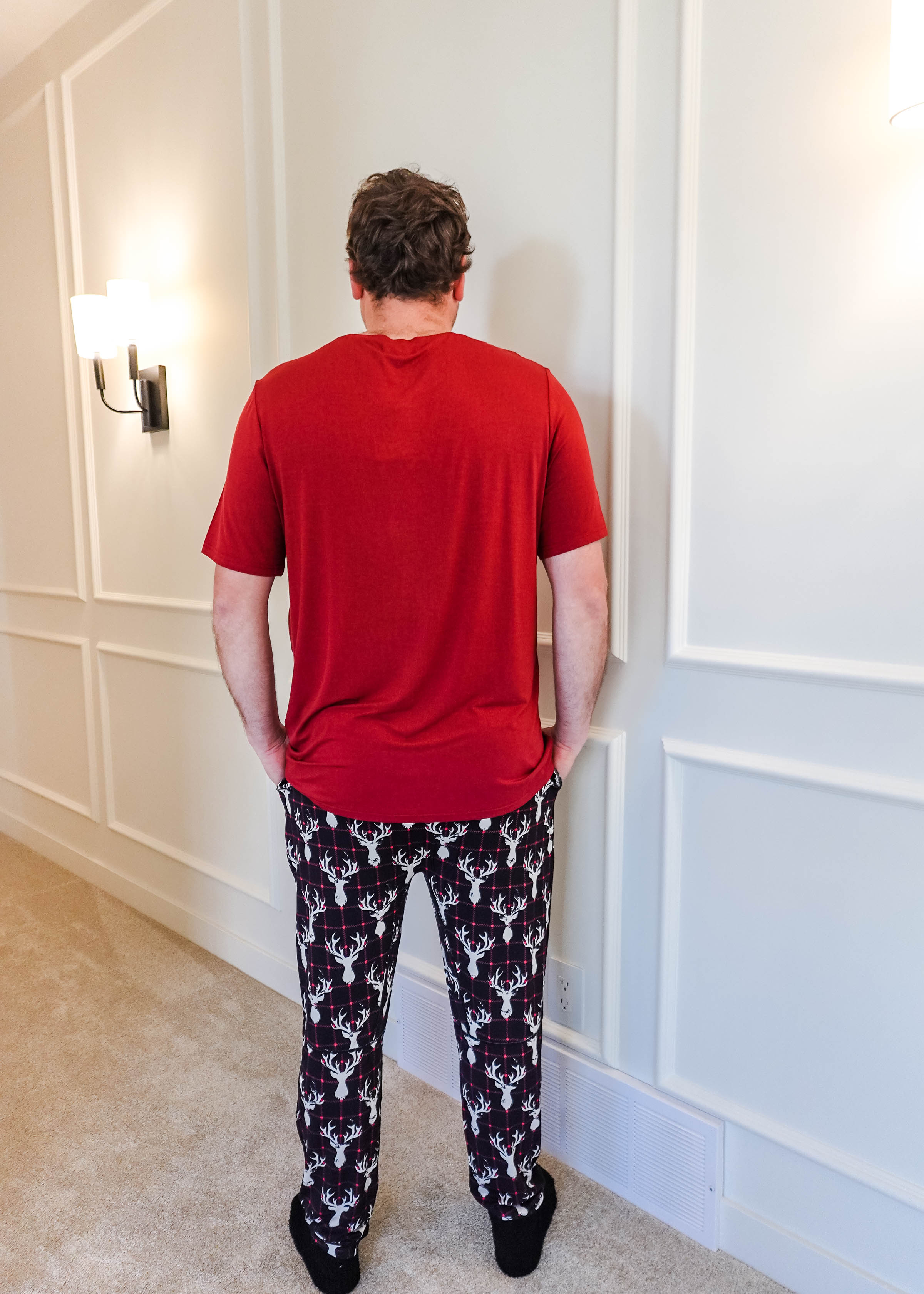 black, white and red plaid print with deer head outline - unisex joggers for women, men from teen to adult in soft bamboo. - view of back