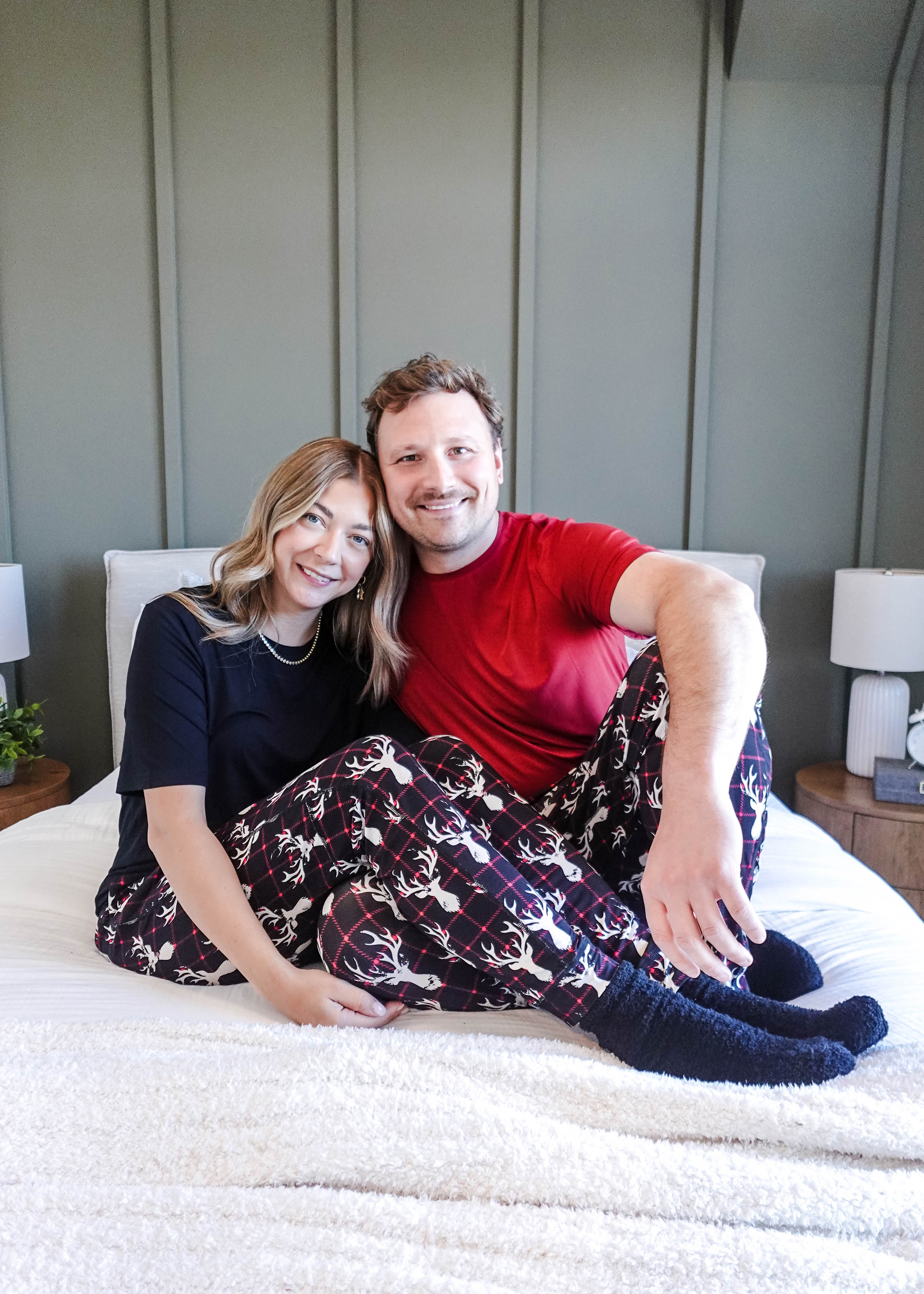 black, white and red plaid print with deer head outline - unisex joggers for women, men from teen to adult in soft bamboo. 