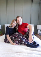 black, white and red plaid print with deer head outline - unisex joggers for women, men from teen to adult in soft bamboo. 