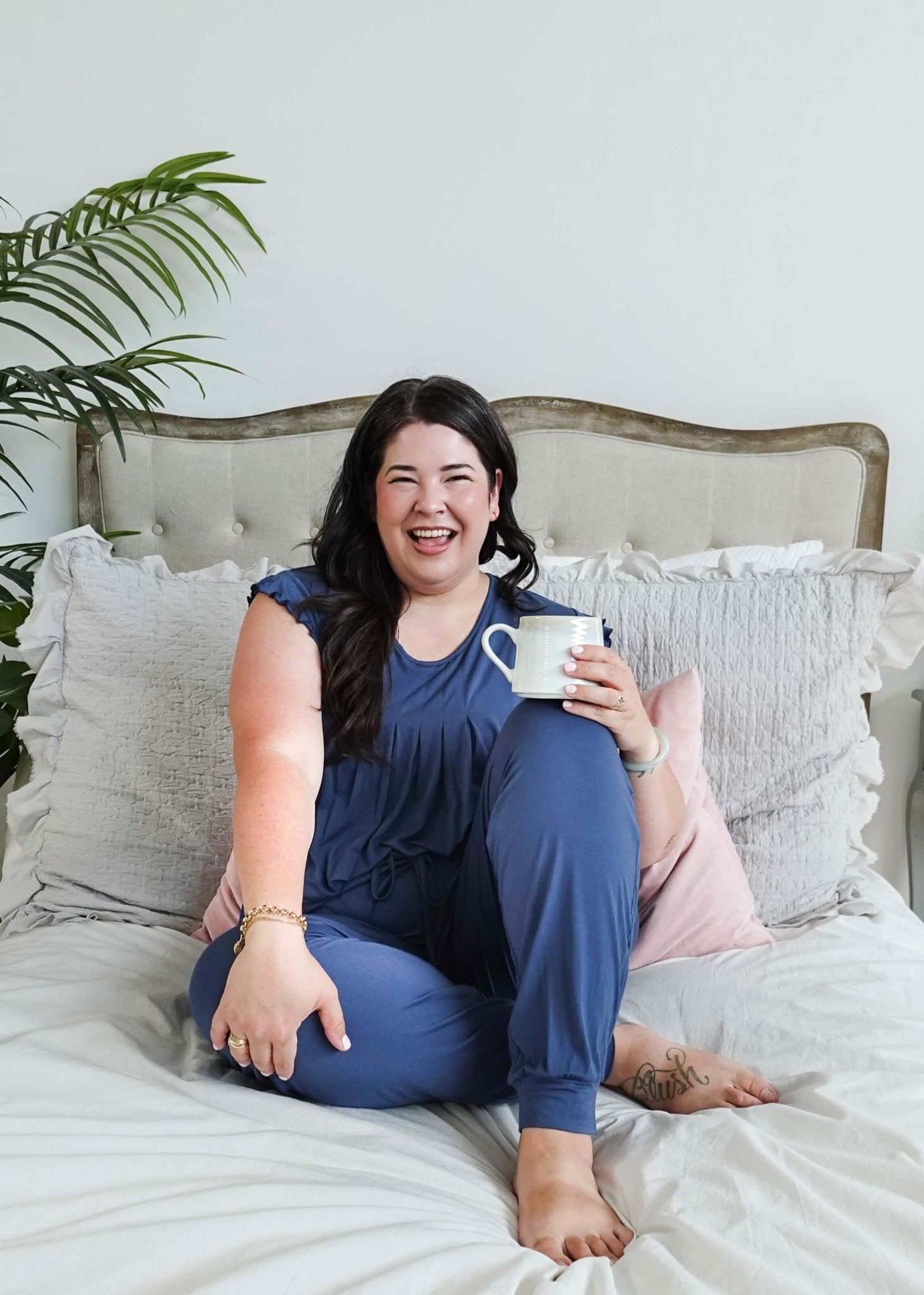 Denim Flutter Jogger Lounge PJ Set Bamboo women's denim blue lightweight bamboo loungewear set top and jogger Georgia Rylan