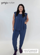 Denim Flutter Jogger Lounge PJ Set Bamboo showing model sizing