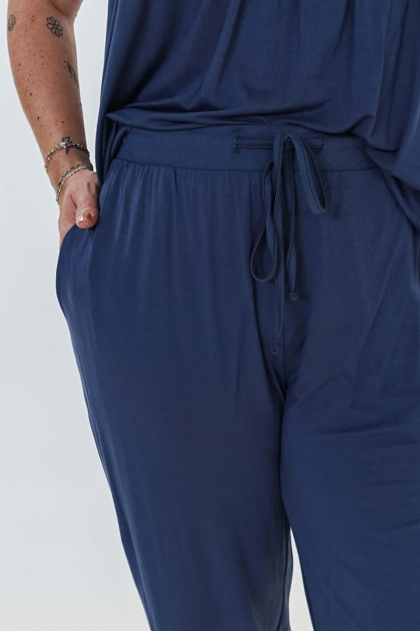 Denim Flutter Jogger Lounge PJ Set Bamboo showing drawstring and pocket details