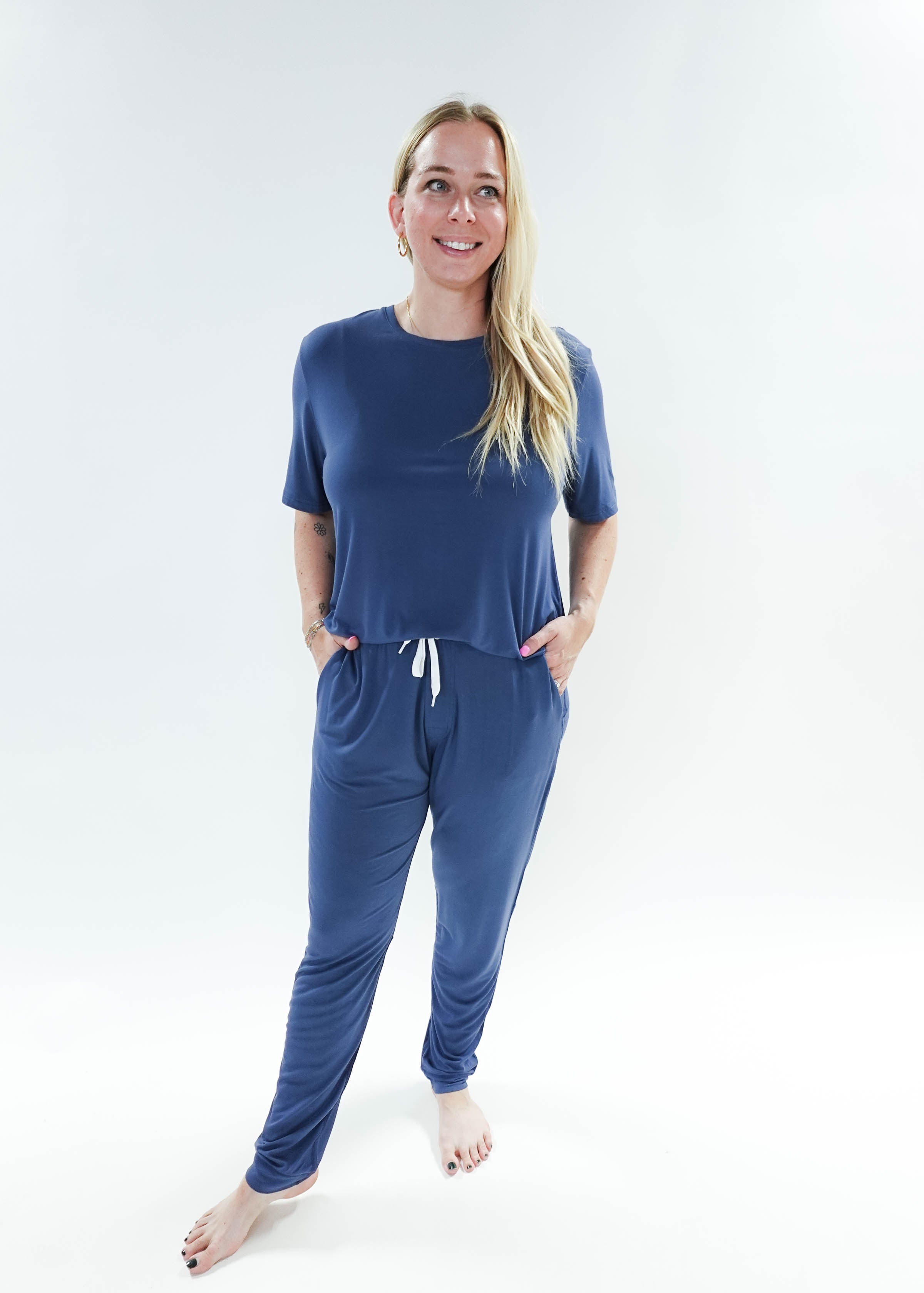 unisex denim blue relaxed crew neck tee shirt in bamboo - Bob's Sleepwear Co. 