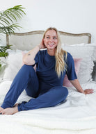 unisex denim blue relaxed crew neck tee shirt in bamboo - Bob's Sleepwear Co. 