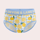 Devon + Lang Bria Full Coverage Bikini Brief featuring a lemon print design and a light blue waistband.