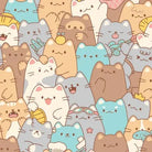 Cute and colorful illustration of many cartoon cats with various expressions and accessories.