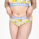 Devon + Lang Bria Full Coverage Bikini Brief featuring a lemon print design and a supportive waistband.