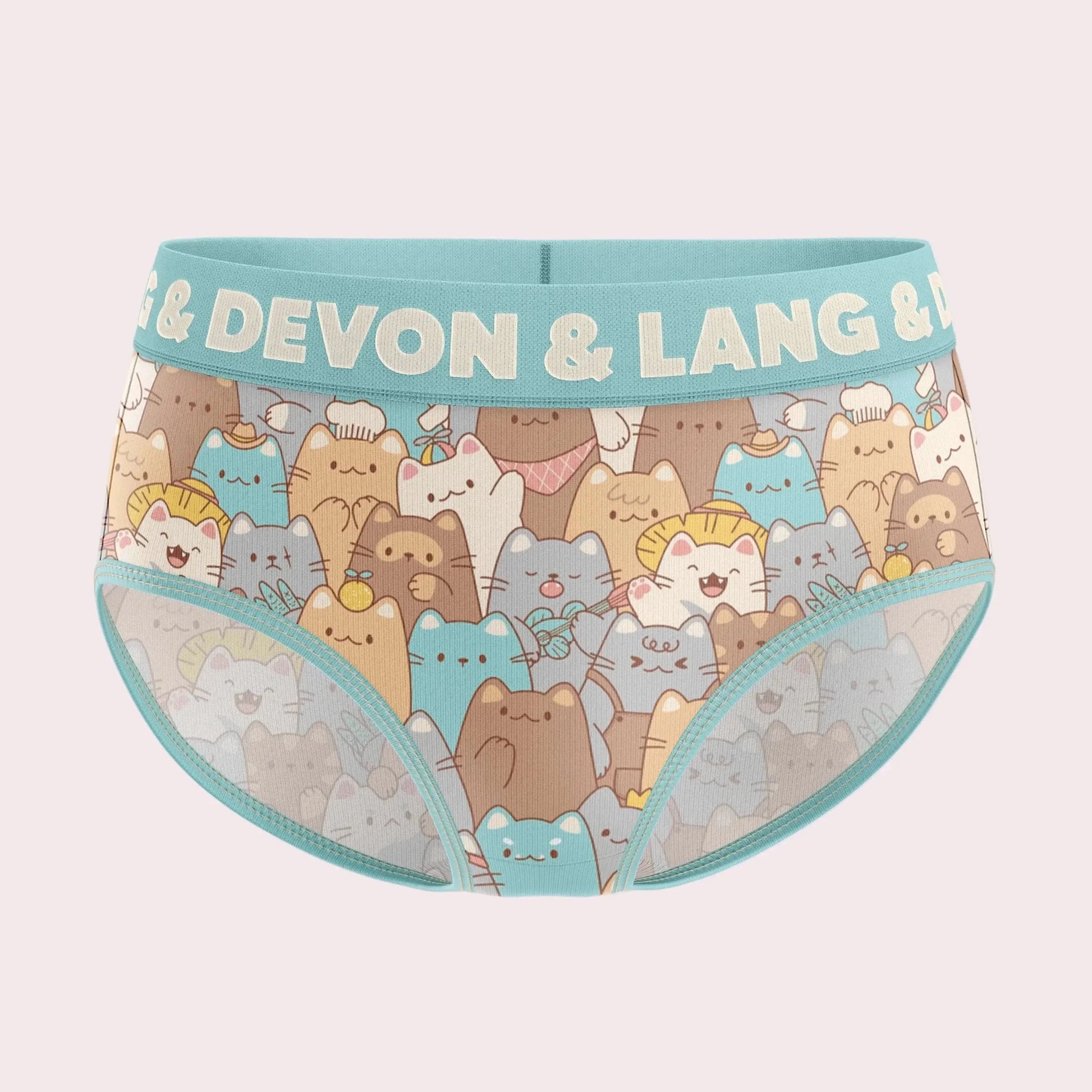 Devon + Lang Bria Full Coverage Bikini Brief with playful cat design and branded waistband.