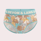 Devon + Lang Bria Full Coverage Bikini Brief with playful cat design and branded waistband.