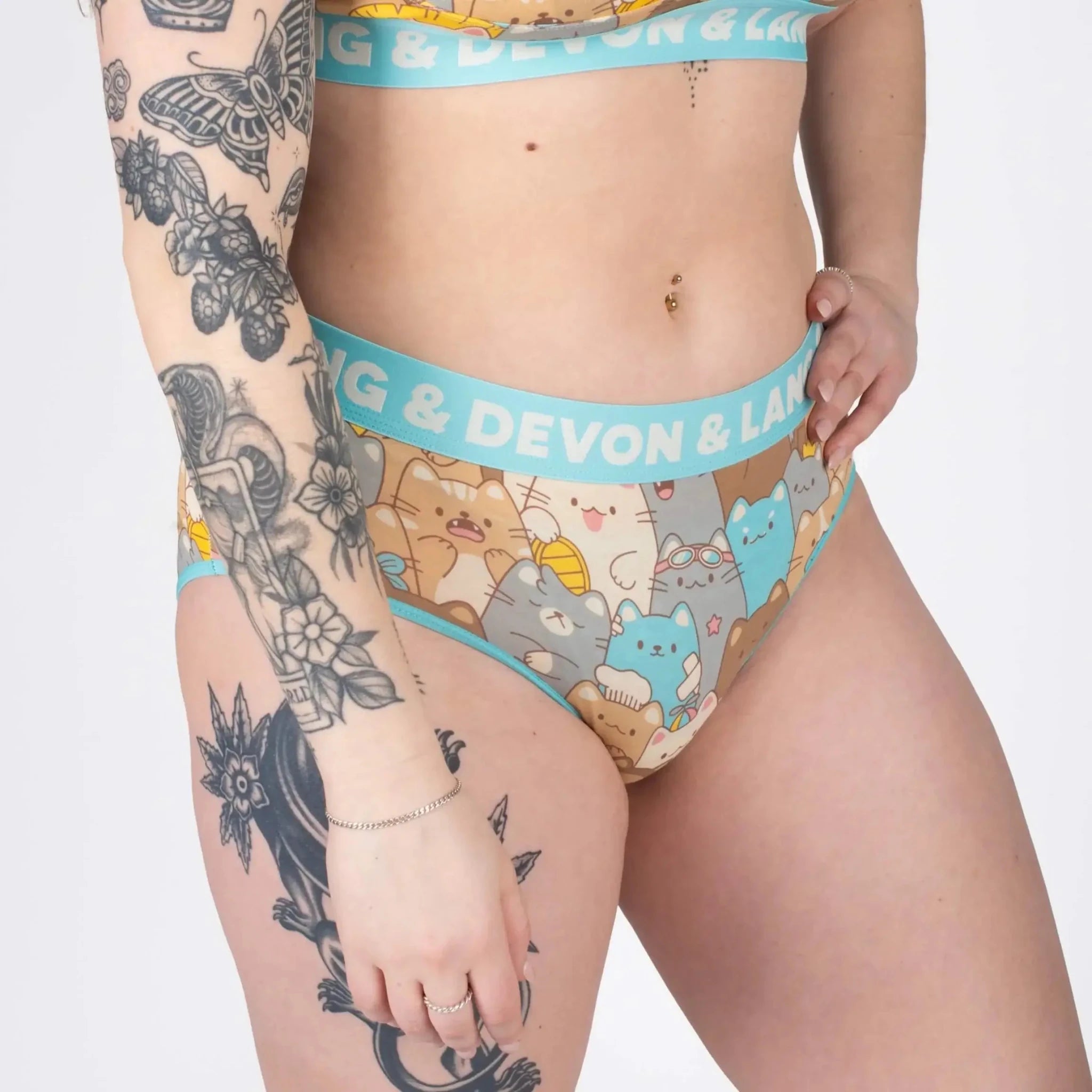 Devon + Lang Bria Full Coverage Bikini Brief featuring colorful cat design and comfortable fit