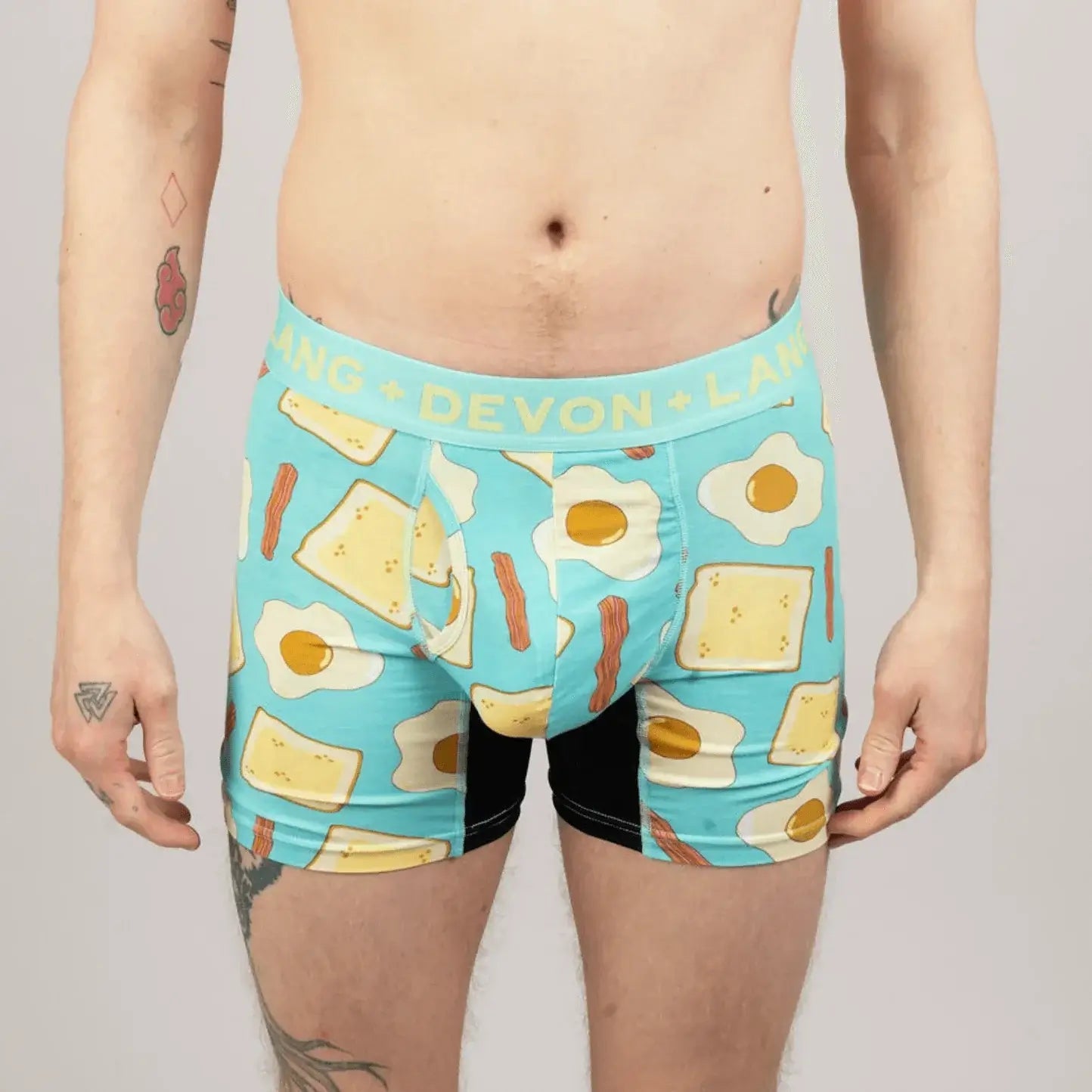 Devon + Lang Journey Boxer Brief breakfast print shown on model