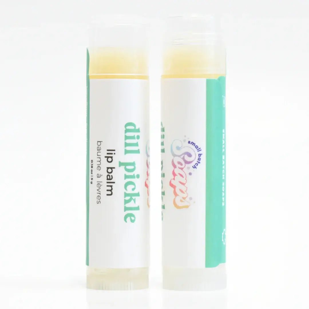 Dill Pickle Lip Balm packaging showcasing crunchy and tart flavor in a lip balm tube.