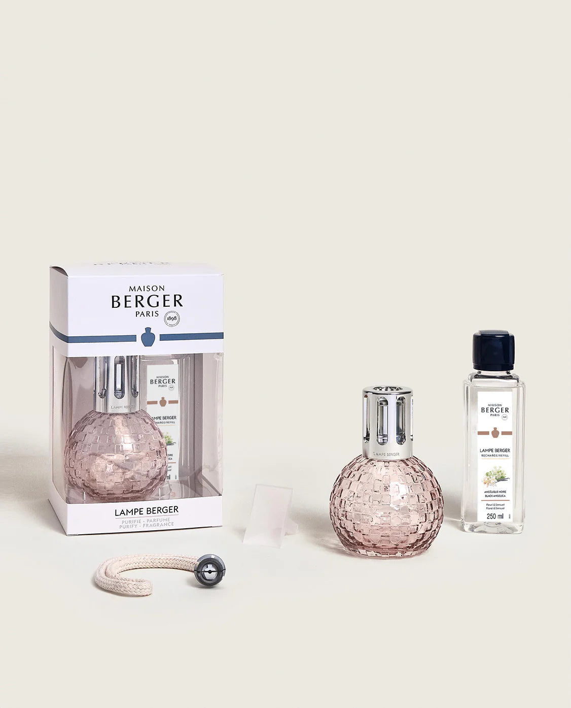 Maison Berger Paris Disco Fragrance Lamp Gift Set featuring a pink lamp and fragrance bottle.