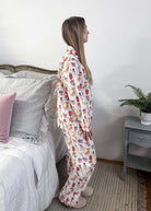 Women's dog print Christmas flannel pajamas button up with straight pant by Mahogany