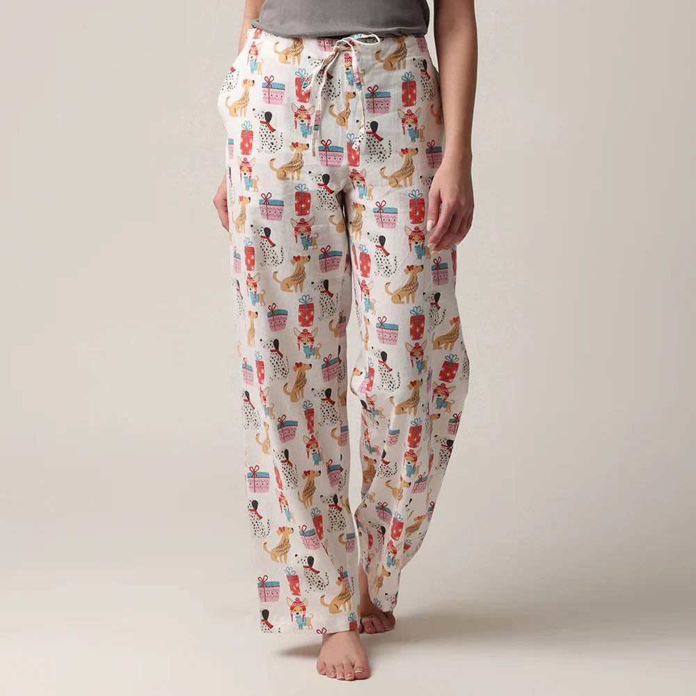 women's flannel pant in a bag gift set with doggie presents print for christmas