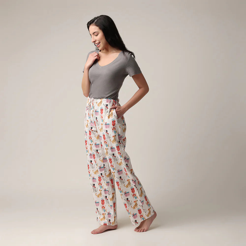 women's relaxed fit flannel pant in a bag doggie presents print for Christmas
